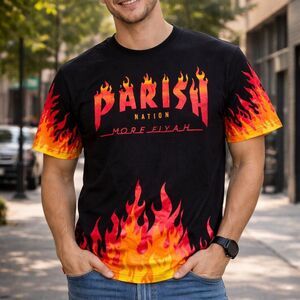 Parish Nation More Fiyah T-Shirt Unisex L Black Flame Logo Graphic Print